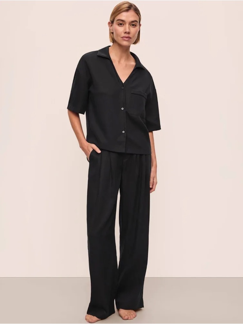 Eberjey Tencel Woven Relaxed Button Front Top Black S NWOT